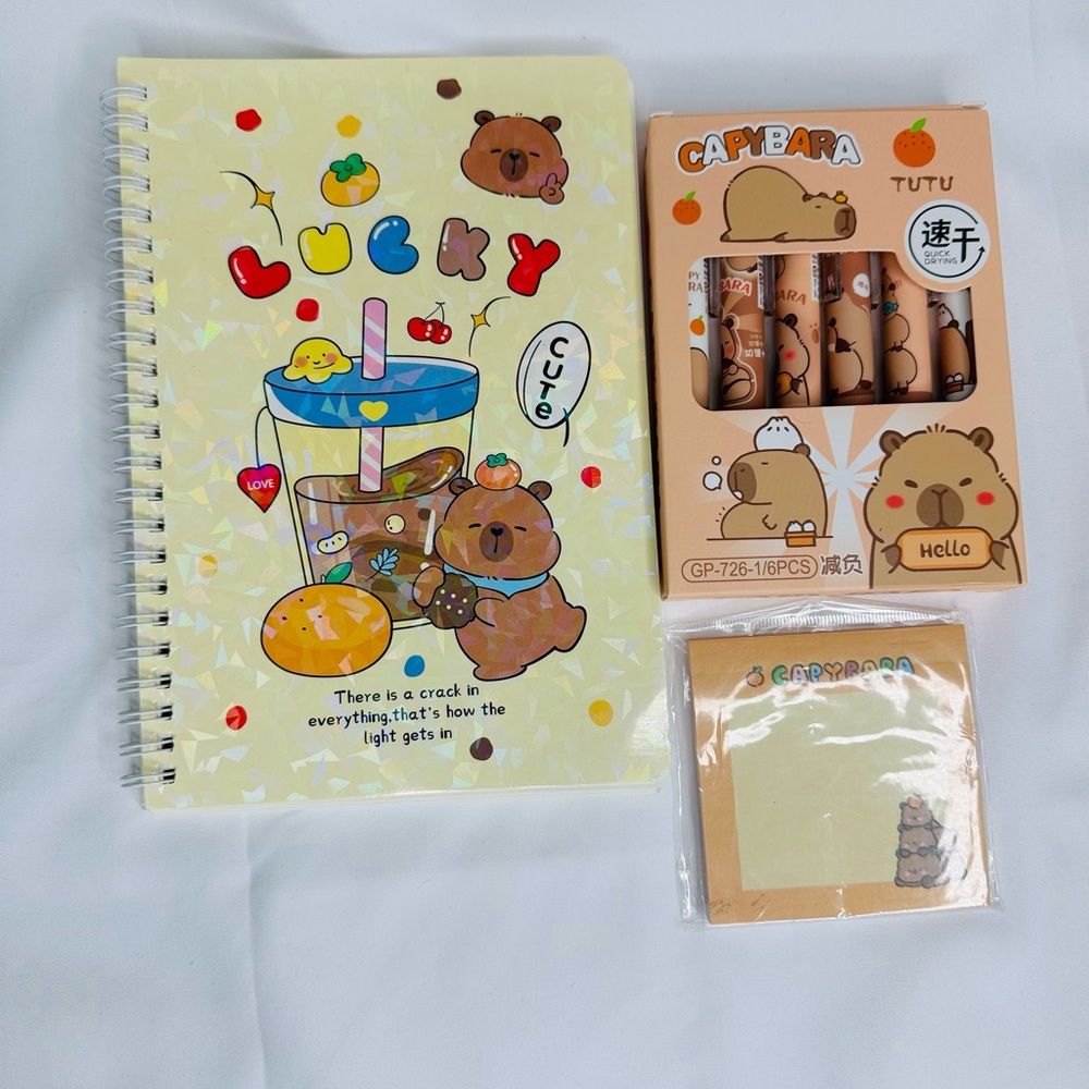 Capybara Bear Stationery Set with Notebook and Pens & Post it Notes